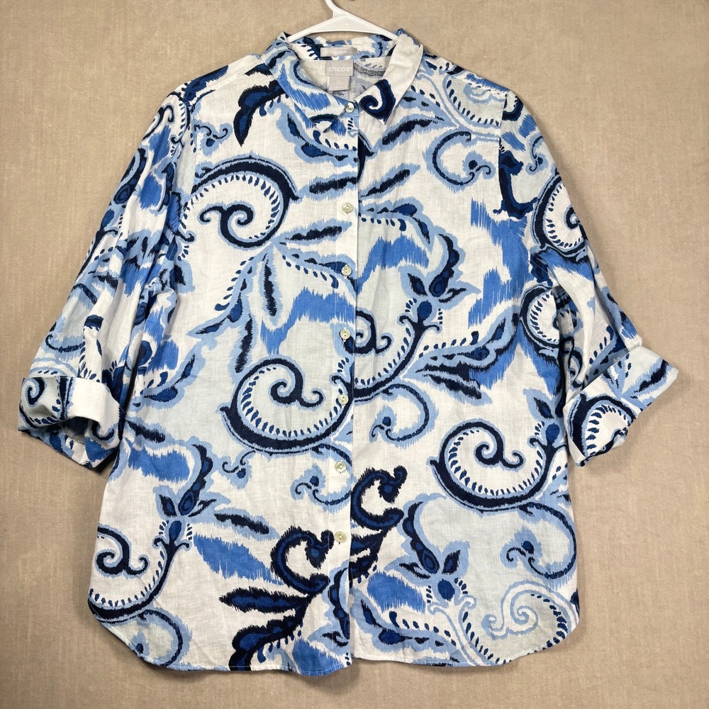 Chicos Button‎ Down 100% Linen Ikat Paisley Top Womens 2 Large Coastal Resort